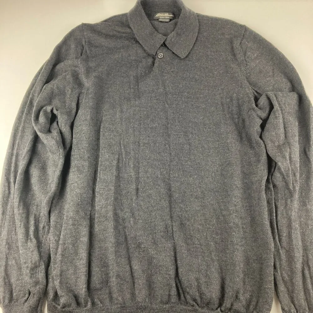Eddie Bauer Sweater Mens L Gray 100% Merino Wool Made Australia Collared Polo